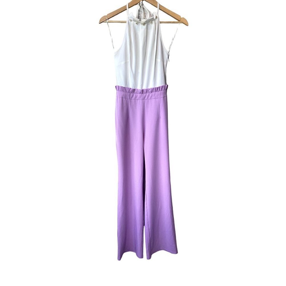 Fashion Nova White Purple Wide Leg Halter Cut Out Jumpsuit XS